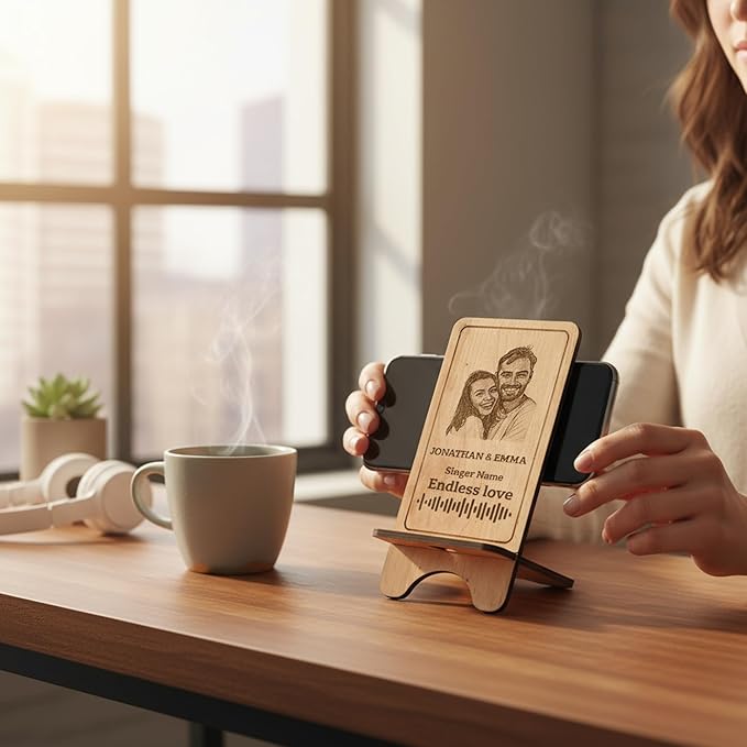 Design Your Own Phone Stand Personalized Wooden Holder Custom Pet Name Engraved Handmade Desk and Home Accessory Gift (Spotify Version with Custom Photo)
