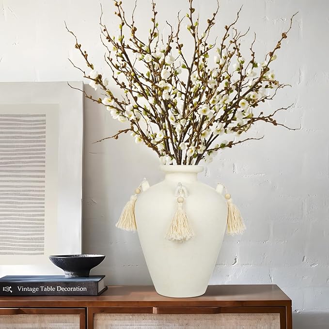 9.4" Large White Ceramic Vase for Centerpieces - Rustic Farmhouse Vase with 4 Ears & Tassels, Terracotta Vintage Flower Vases for Table, Desk, Living Room, Bedroom, Entryway, Holiday & Weddings Decor