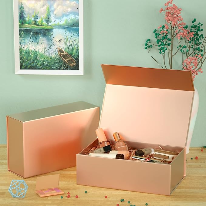 5 Pack Rose Gold Gift Box, 12x6x4'' Gift boxes for Presents with Lids Magnetic Closure Rectangle Collapsible for Bridesmaid Proposal Box, Wedding, Christmas, Halloween, Birthday Gift Packging