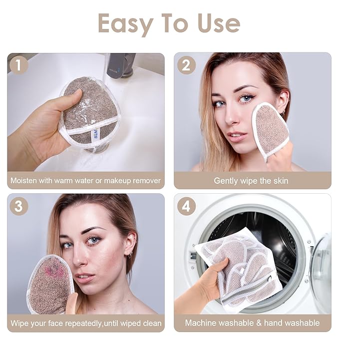 SINLAND Reusable Makeup Remover Pads For Face,Eye,Lips Microfiber Gentle Facial Cleansing Cloths for All Skin Types Friendly for Makeup Remover With Laundry Bag 5.1inchx3.93inch Pack of 12