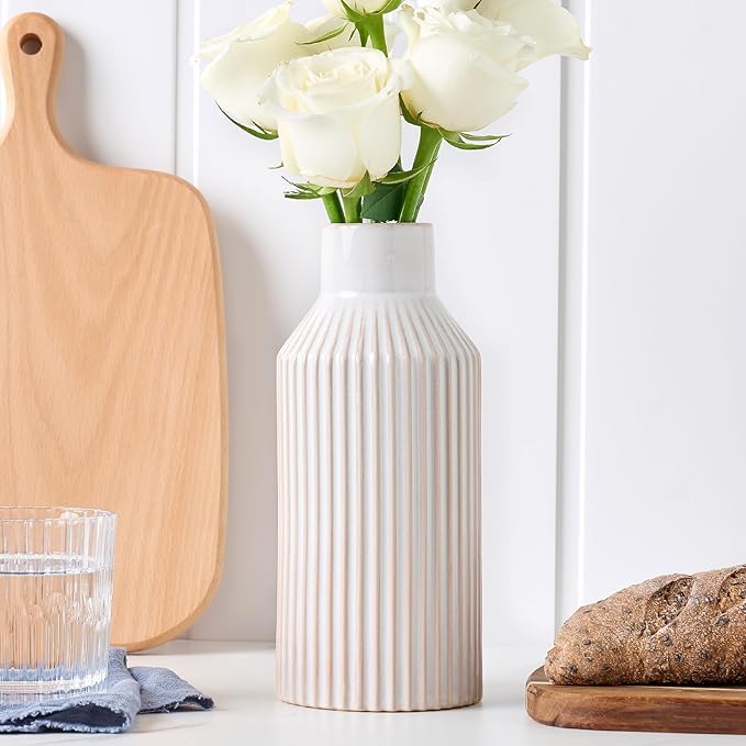 White Ceramic Flower Vase, Minimalist Home Decoration, 8 Inch Small Pampas Grass Vases for Kitchen, Bedroom, Office, Living Room, Bathroom, Shelf Centerpiece Table (White Beige)