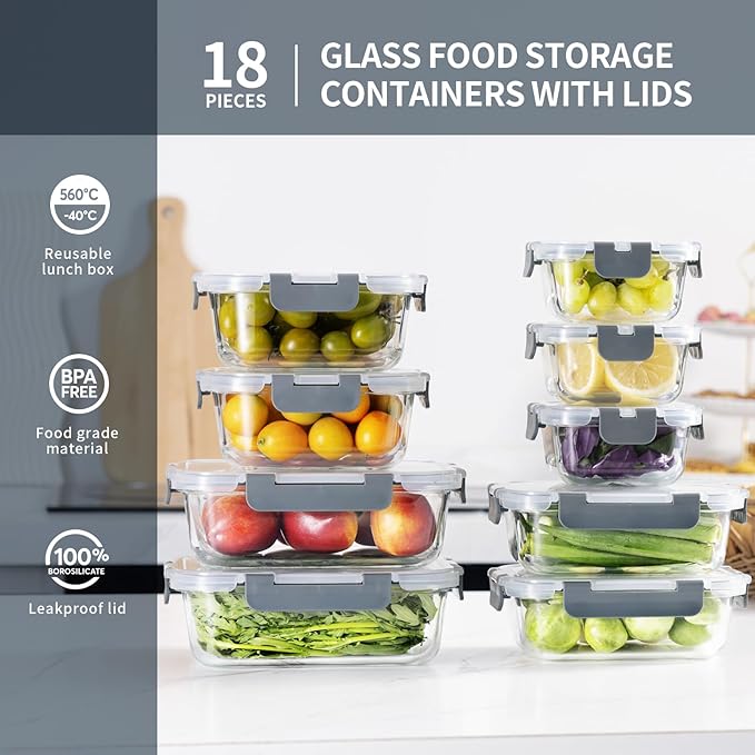 18 Pieces Glass Food Storage Containers with Lids,Airtight Glass Meal Prep Containers,Glass Storage Containers Set for Kitchen,Pantry BPA Free & Leak Proof (9 lids & 9 Containers)