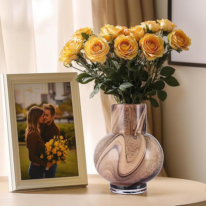 Gray Hand Blown Glass Wide Mouth vase for Home Decoration Short Round Glass vase for Living Room, Dining Table, Bookcase, TV Cabinet, Bookshelf and Office Desktop Decoration.