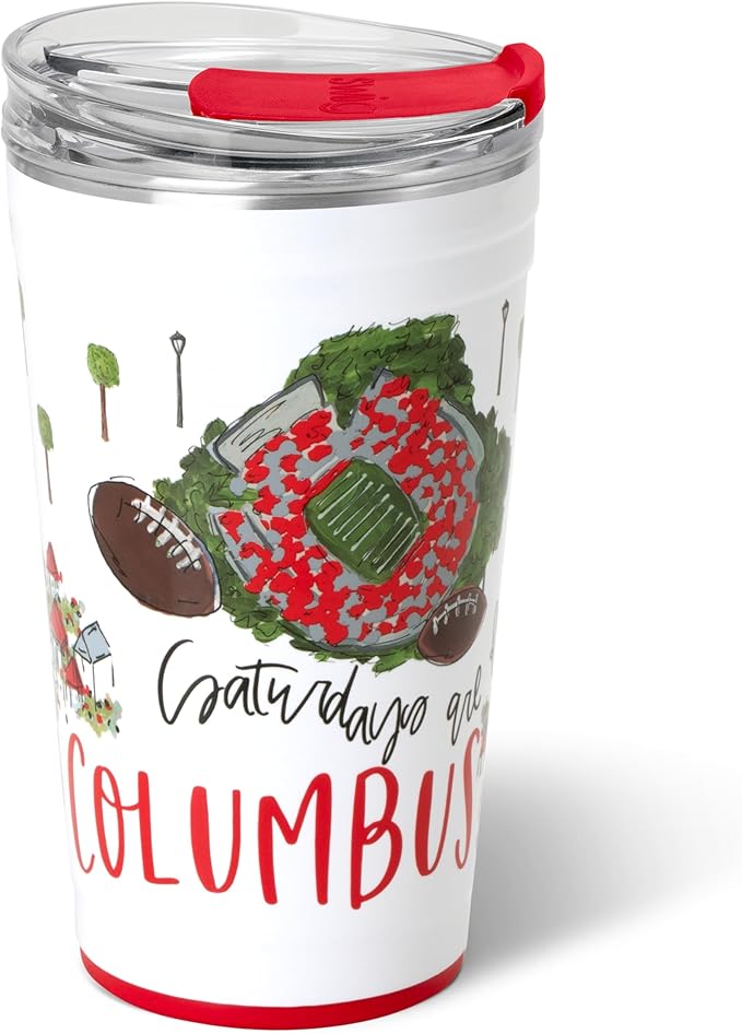 Swig Life 24oz Party Cup, Stackable Insulated Travel Coffee Tumbler with EZ Slider Lid, Cup Holder Friendly, Stainless Steel 24 oz Tumbler, Reusable Coffee Mug (Saturdays in Columbus)