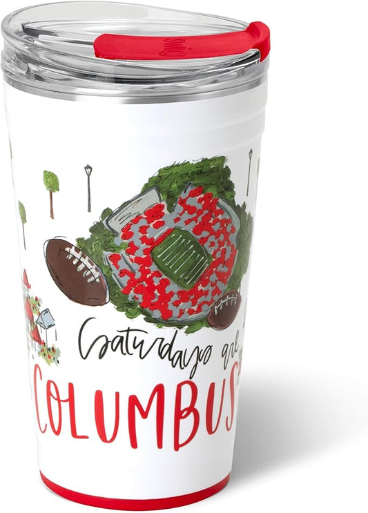 Swig Life 24oz Party Cup, Stackable Insulated Travel Coffee Tumbler with EZ Slider Lid, Cup Holder Friendly, Stainless Steel 24 oz Tumbler, Reusable Coffee Mug (Saturdays in Columbus)