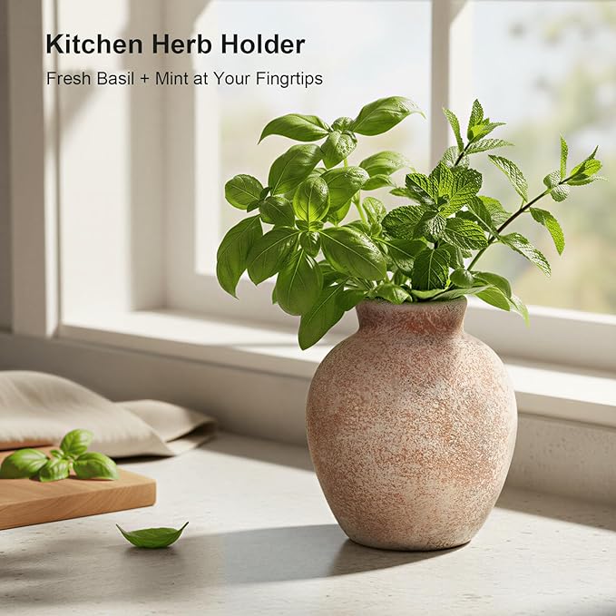 Ceramic Flower Vase, 6-Inch Terracotta Pottery Rustic Farmhouse Boho Vase, Handcrafted Decorative Vase for Home Decor, Centerpieces, Table, Living Room, Mantel, Shelf