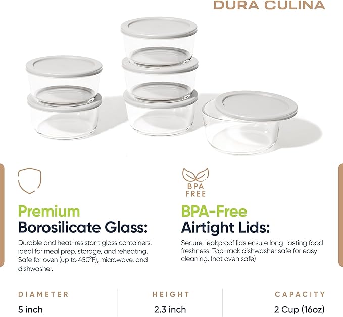 DURA LIVING 12-Piece Glass Food Storage Containers Set (6 Containers + 6 BPA-Free Lids) | 2-Cup, Leakproof | Microwave, Freezer, Oven & Dishwasher Safe | Ideal for Meal Prep & Pantry Organization