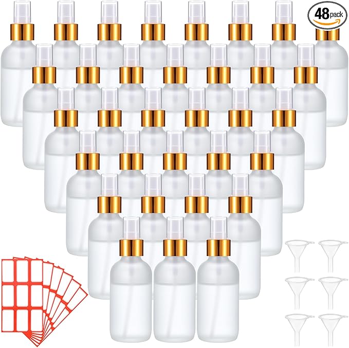 Fumete 36 Pcs Glass Spray Bottles 4oz Fine Mist Glass Spray Bottle Refillable Liquid Containers with 6 Labels 6 Funnel for Hair Travel Plants Cleaning Solutions Skin Care (Clear,Frosted)