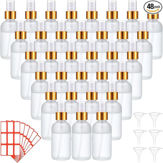 Fumete 36 Pcs Glass Spray Bottles 4oz Fine Mist Glass Spray Bottle Refillable Liquid Containers with 6 Labels 6 Funnel for Hair Travel Plants Cleaning Solutions Skin Care (Clear,Frosted)