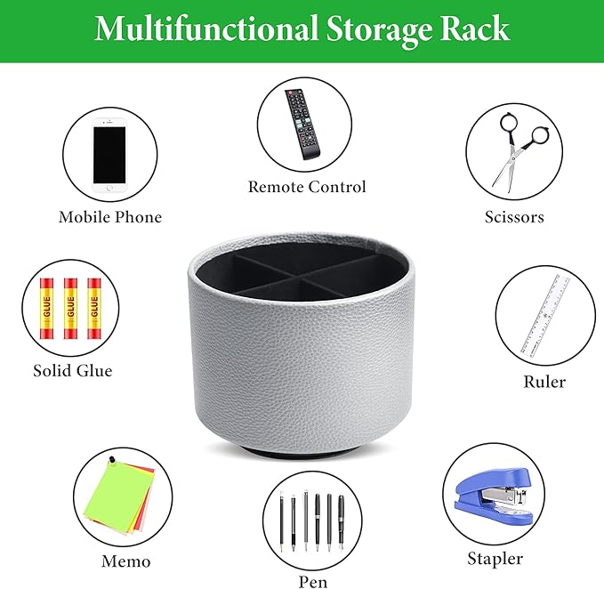 Hennaja Round Leather Art Supply Organizer,Remote Control Holder,360 Degree Spinning,Multi-Functional Pencil Holder,4 Compartments Desktop Stationary Organizer(1-Lichee Silver)