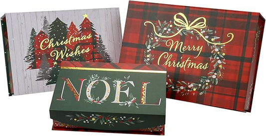 Christmas Gift Boxes with Lids for Presents Pack of 3 Gift Boxes Bulk Red White and Green in Assorted Designs Wrapping Robe Boxes Large Xmas Gift Boxes for Christmas Birthdays Wedding Wrap Gifts