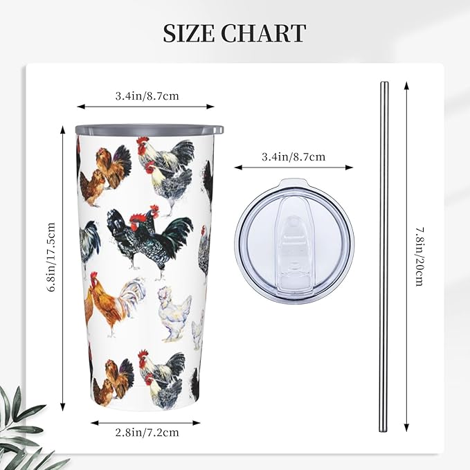 Farm Chickens Tumbler,Chickens 20oz Stainless Steel Insulated Travel Tumblers,Travel Coffee Mug with Lid and Straw Water Bottle Drink Tumbler Cups Gifts for Women Men Lovers