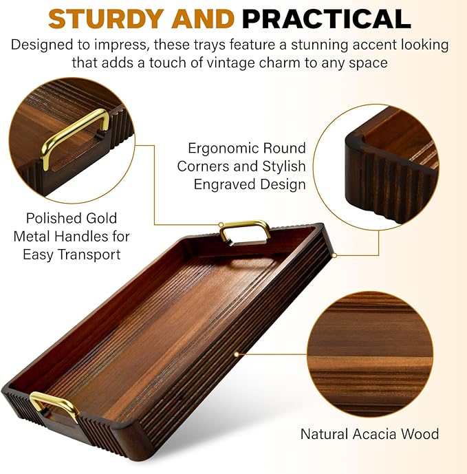Acacia Wood Serving Tray with Metal Handles – 17x12in Rustic Decorative Ottoman & Coffee Table Tray for Breakfast in Bed, Dinner, Bar, Kitchen, Home Décor & Entertaining