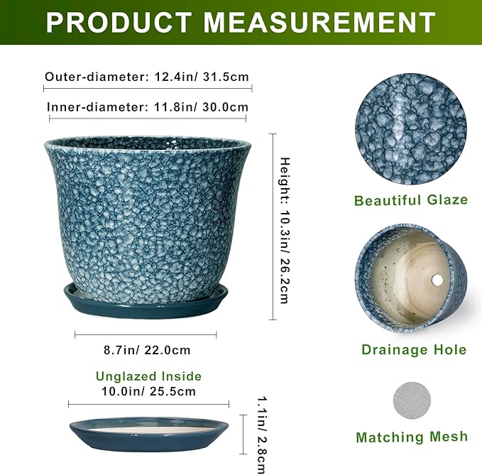 Ceramic Plant Pots - 12 Inch Pots for Plants Indoor Outdoor, Large Round Planter with Drainage Hole and Saucer, Modern Decorative Planters, Garden House Decor, House Warming Gifts, Blue