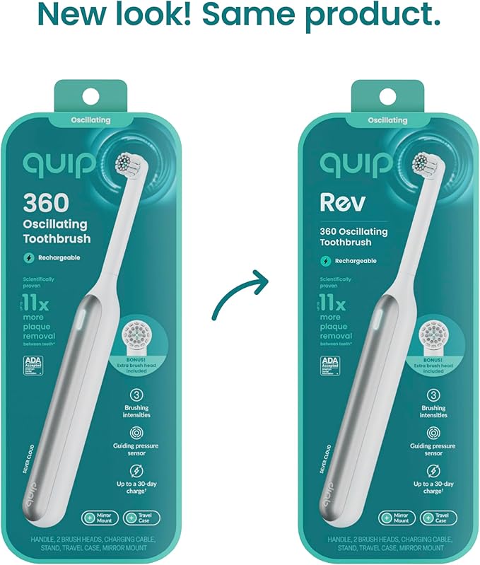 Quip Rev Oscillating Rechargeable Electric Toothbrush with Extra Brush Head - Soft Bristles, Pressure Sensor, 3 Intensities, 30-Day Battery Life, 2-Min Timer, Travel Case, Mirror Mount - Silver Cloud
