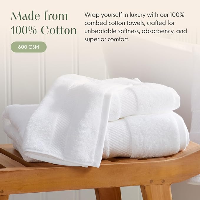 Springtree Home White Bath Towels Set of 6 | Classic Hotel Bath Towels | 100% Combed Cotton | Absorbent Quick-Dry Towels for Bathroom | Oeko-TEX® Standard 100 Cotton | Cynewski Collection - White