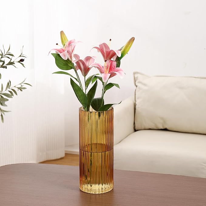 Amber Glass Vase for Flowers, Ribbed Glass Vases, Tall Glass Vases for Tulips, Modern Glass Vase for Living Room, Dining Table, Office, Wedding, Bookshelf, 12 Inches
