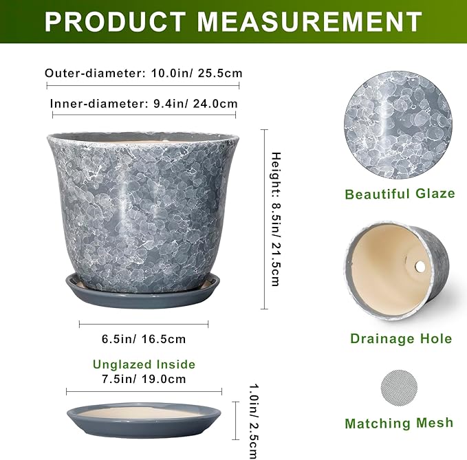 Ceramic Pots for Plants - 10 Inch Planter with Drainage Hole and Saucer, Round Plant Pot for Indoor Outdoor, Decorative Flower Pot, Modern Planter, Garden Decor, Gifts for Plant Lover, Grey