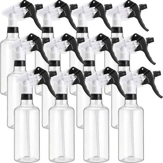Eccliy 12 Pcs 16 Oz Plastic Spray Bottle, Adjustable Empty Reusable Sprayer for Cleaning, Planting, Water, Bathroom and Kitchen, BBQ, Commercial and Residential(Black,Clear)