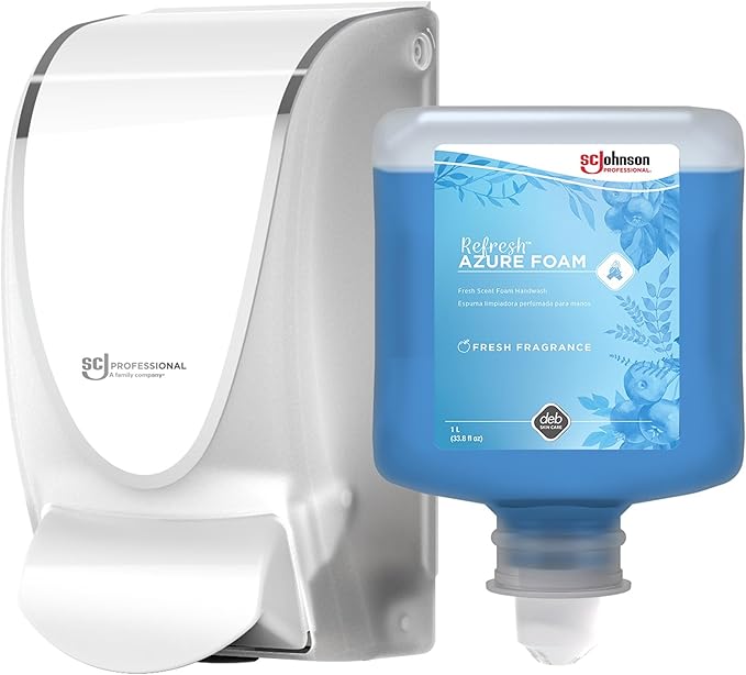 SC Johnson Professional Azure FOAM Dispenser and Refill Starter Kit, Wall Mount Soap Dispenser for Hand Soap, 1 Refresh Azure FOAM Hand Wash, 1 Liter Cartridge, 33.8 fl. oz., for Professional Use Only