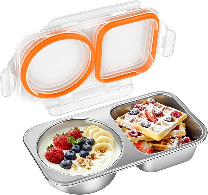Stainless Steel Snack Containers, 6.5oz 2 Compartment Snackle Box with Lids Airtight, Leakproof Bento Box Metal Lunch Container Reusable Food Storage for Travel, Picnics (Orange)