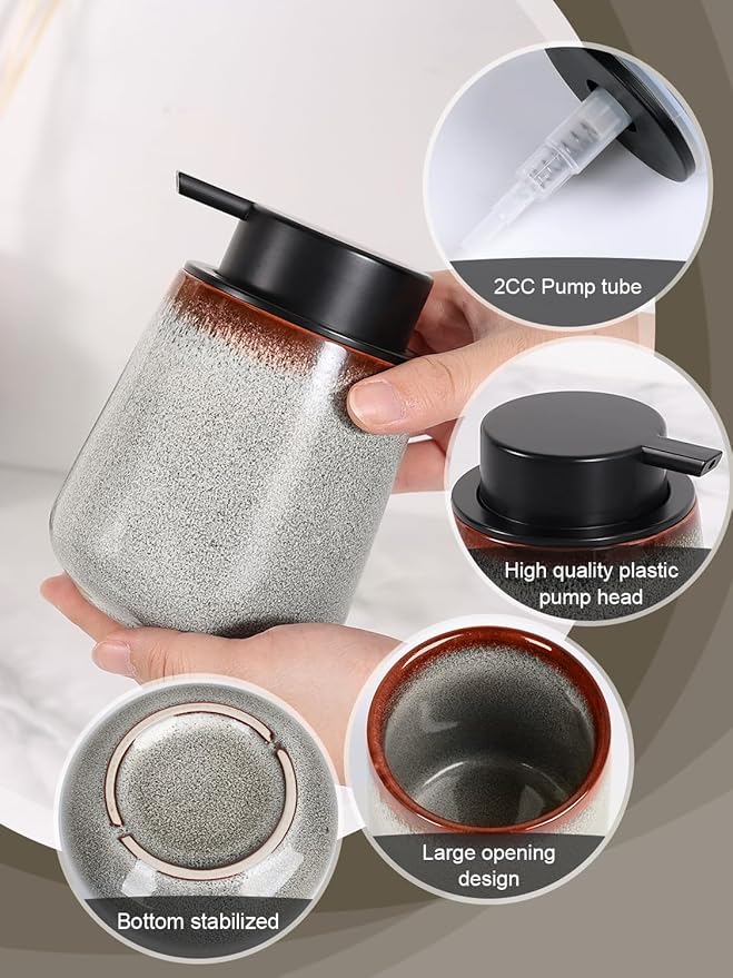 INGOFIN Ceramic Lotion Dispenser - 12 oz Refillable Hand Soap Dispenser Bathroom, Modern Liquid Dispenser with Pump, Dish Soap Dispenser for Kitchen, Kiln-Glazed