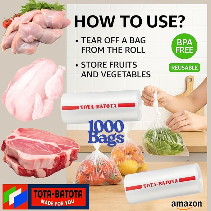 Plastic Produce Bags on Rolls – 1000 Count (2 Rolls), 10 x 15 in, Clear Food Storage Bags with Easy Tear Red Line, for Fruits, Vegetables, Meat, Freezer, Grocery & Commercial Use-TOTA-BATOTA