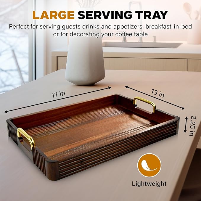 Acacia Wood Serving Tray with Metal Handles – 17x12in Rustic Decorative Ottoman & Coffee Table Tray for Breakfast in Bed, Dinner, Bar, Kitchen, Home Décor & Entertaining