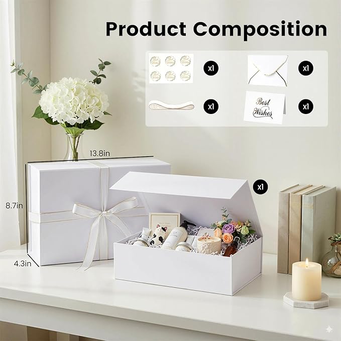 VGOODALL White Gift Box, 14x8.7x4.3 inches Gift Boxes For Presents With Lids and Magnetic Closure Collapsible For Bridesmaid Proposal, weddings, Anniversary Present