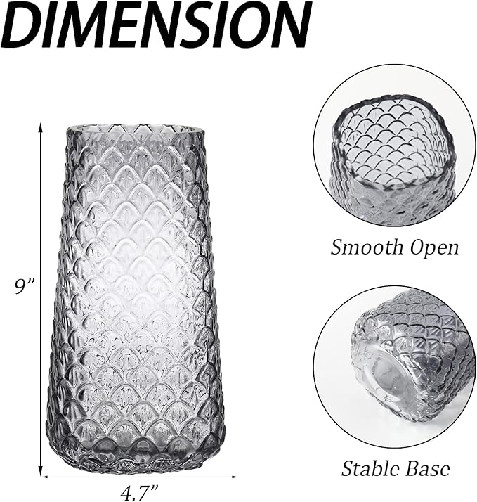 Glass Vase, Black Flower Vase for Bouquet, Large Glass Vases for Flowers, Modern Vases for Living Room, Bedroom, Dining Table, Office, Kitchen, Wedding, 9 Inches