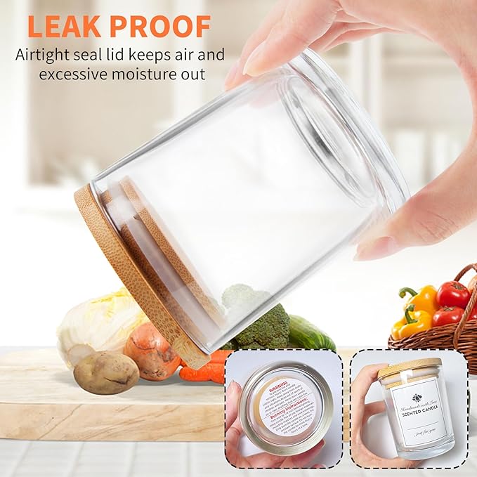 15 Pack Glass Candle Jars, 7oz Clear Candle Containers with Bamboo Lids and Labels, Empty Candle Jars for Making Candles - Dishwasher Safe, 7 fl.oz