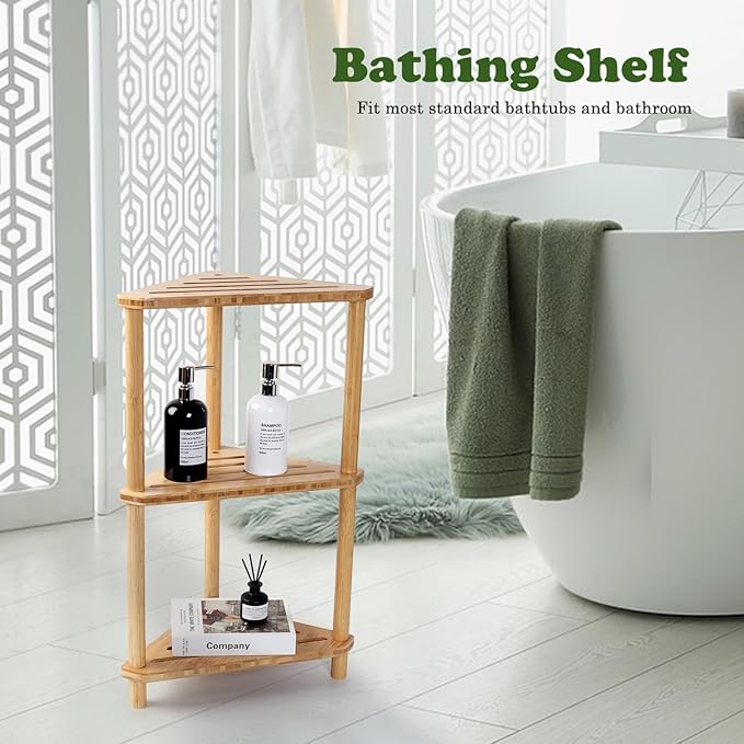 Bamboo Corner Shower Caddy Stand 3-Tier Waterproof,Free Standing Corner Shelf Shower Stool Organizer for Inside Shower,Space-Saving Storage Shelf with Anti-Slip Feet
