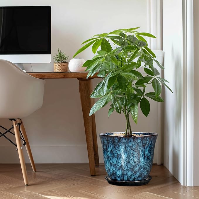 Ceramic Plant Pots - 12 Inch Pots for Plants Indoor Outdoor, Large Round Planter with Drainage Hole and Saucer, Modern Decorative Flower Pot, Home Garden Decor, House Warming Gifts, Blue