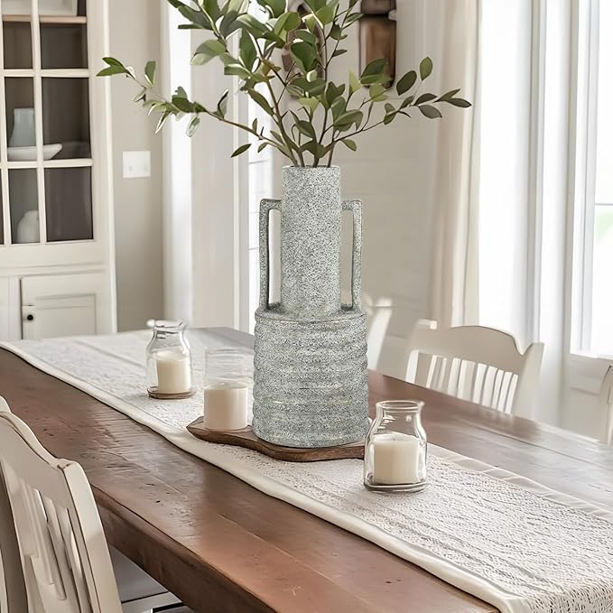 Hollyone Large Vintage Ceramic Vase with 2 Handles, 15.6" Tall Gold-Toned Antique Rustic Decorative Floral Grey Vases for Flowers Home Table Centerpiece Shelf Living Room Entryway Farmhouse Decor