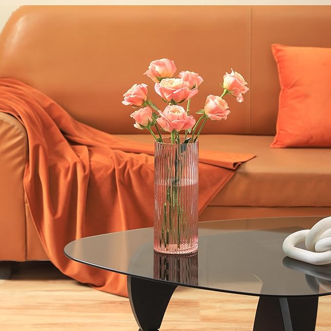 Pink Glass Vase for Flowers Ribbed Glass Vase, Pink Flower Vase, Tall Cylinder Glass Vases for Centerpieces, Living Room, Bedroom, Dining Table, Office, Wedding, Bookshelf Decoration,10 Inches