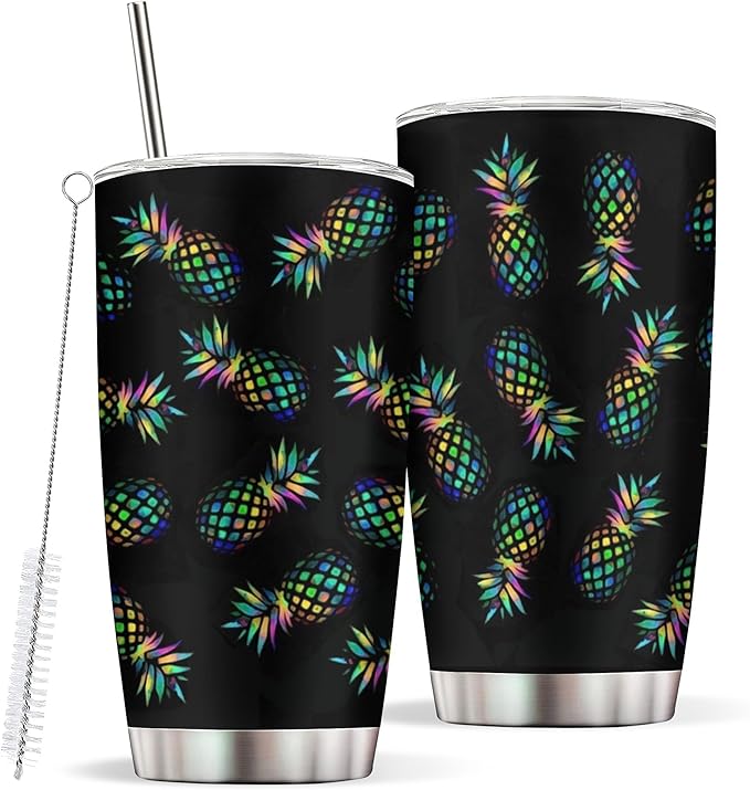 20 oz Pineapple Insulated Tumblers with Straw and Lid, Hawaiian Style Reusable Stainless Steel Coffee Cup Travel Mug for Hot and Cold Drinks Pineapple Gift