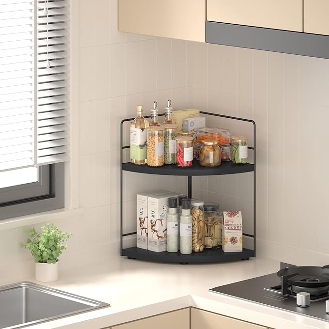 ZGO 2-Tier Bathroom Counter Organizer, Corner and Makeup Organizer for Vanity and Kitchen Counter, Perfume Organizer (Black)