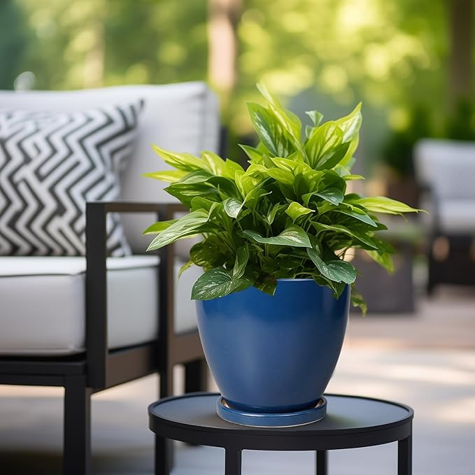 Ceramic Plant Pot - 8 Inch Planter for Indoor Outdoor Plants, Round Flower Pots with Drainage and Tray, Home Office Decor, Blue