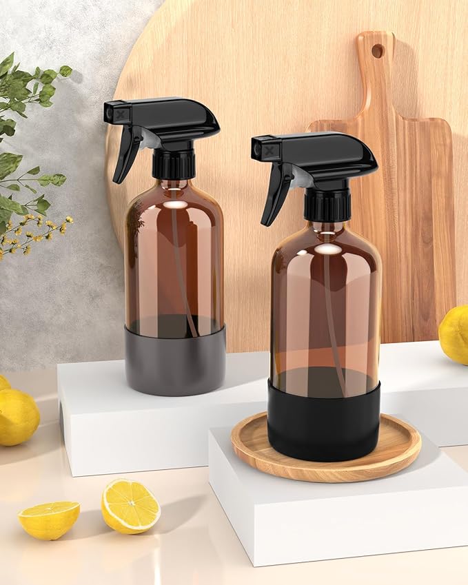 Glass Spray Bottle with Silicone Sleeve Protection, Amber Glass Spray Bottle Set for Window Cleaner Aromatherapy Facial Hydration Watering Flowers Hair Care 2 Pack/16 oz (Black & Grey, 16 oz)