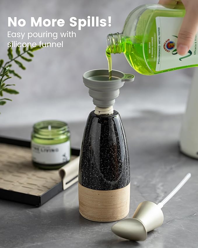 Ceramic Dish Soap Dispenser with 2 Pumps for Hand Soap, Shampoo, Lotion, Conditioner, 12 oz Refillable Soap Bottle with Silicone Funnel for Thanksgiving Chiristmas Bathroom & Kitchen, Black