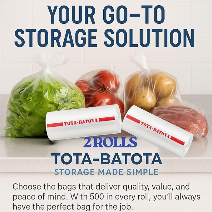 Plastic Produce Bags on Rolls – 1000 Count (2 Rolls), 10 x 15 in, Clear Food Storage Bags with Easy Tear Red Line, for Fruits, Vegetables, Meat, Freezer, Grocery & Commercial Use-TOTA-BATOTA