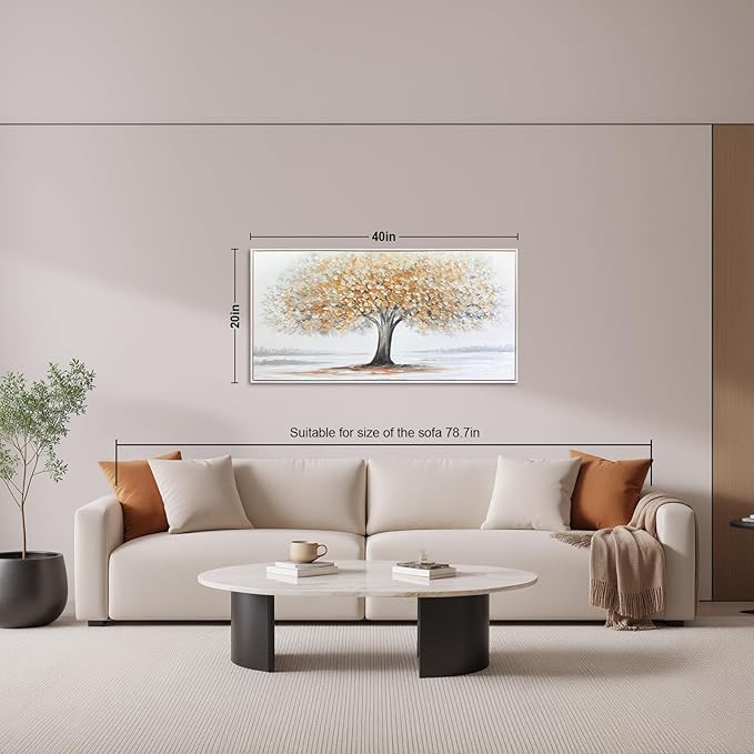 White Tree of Life Canvas Wall Art, Modern Abstract Textured Painting, Large Framed Panoramic Landscape Artwork for Living Room, Bedroom, Office, Home Decor 40"x20"