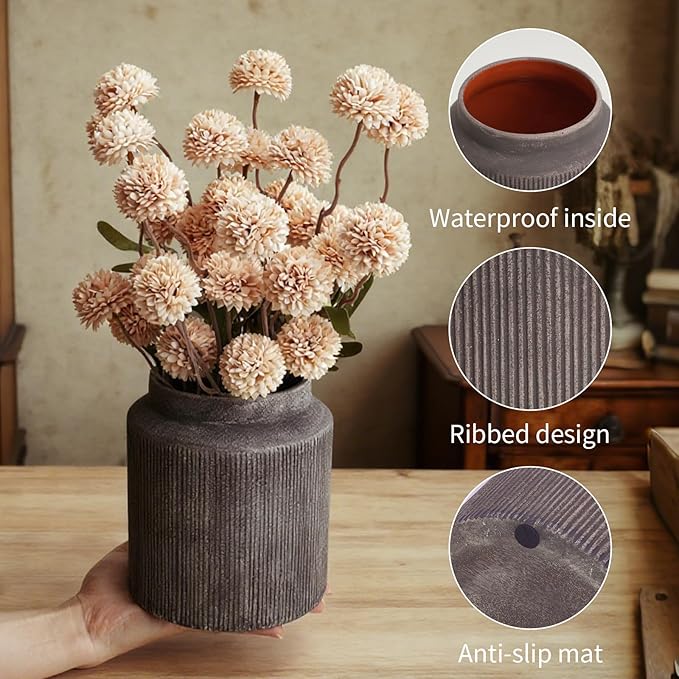 Rustic Ceramic Vase Set of 2, 5.9in Ceramic Flower Vase for Home Decor, Brown Terracotta Pottery Vase Decorative for Living Room, Coffee Table, Farmhouse, Fixwal