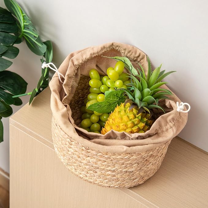 Round Gourd Grass Woven Storage Basket with Liner - Small Woven Baskets for Organizing Kitchens Closet Shelves Bathrooms and Laundry Rooms - Round Basket (One Large)