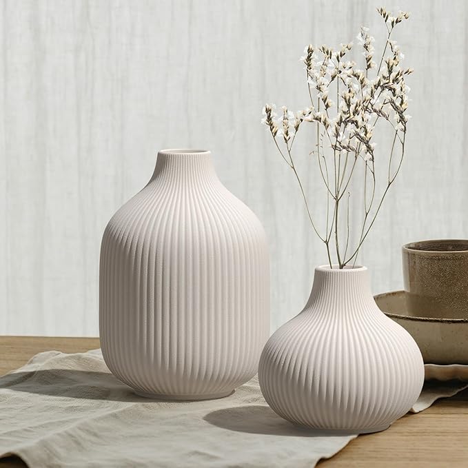 White Ceramic Vases Set of 3, Modern Minimalist Ribbed Vases for Centerpiece, Home Office Shelf Decor, Farmhouse Kitchen Bathroom Bedroom Living Room Decor