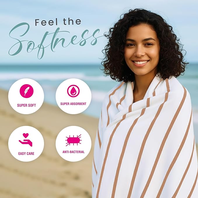 CASA COPENHAGEN Cabana Beach Towel Designed in Denmark Rough and Tough, Quick Dry, Pool, Bath & Shower 30x60 inches 4 Pieces Cotton Beach Bath Towels Set - White Beige Stripe