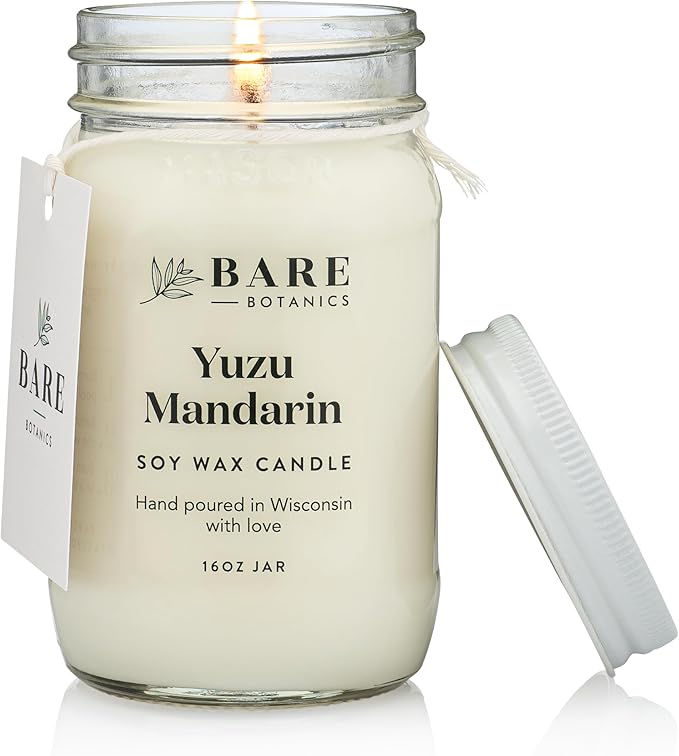Bare Botanics Yuzu Mandarin Scented Soy Candle - Premium Candle in 16 oz Mason Jar - 100% Natural Soy Wax & Plant-Based Fragrance Oils, Softly-Scented - Handpoured in WI - 85 Hrs Long Burning