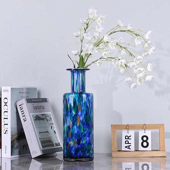 Blown glass cylindrical vase, modern art glass tall vase for home decoration table centerpiece, wedding, living room coffee table, entryway entry table top, TV cabinet decoration and ornament. (green)