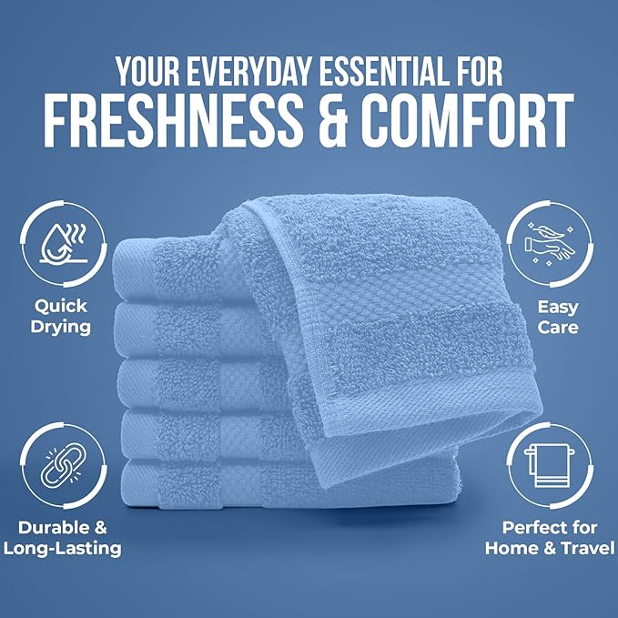 DAN RIVER 12-Pack Premium 100% Cotton Medium Blue Face Towels – Reusable Face Towel Set, Soft & Absorbent washcloths for Showering – Hand and Face Towels, 550 GSM (12x12 in)