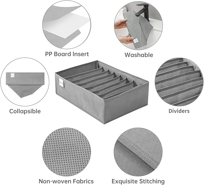 4 Packs T-shirt Drawer Organizers for Clothing,8 Grids Compartment Wardrobe Storage Box, Washable Clothes Organizer for Folded Clothes, Legging, Silk Scarve